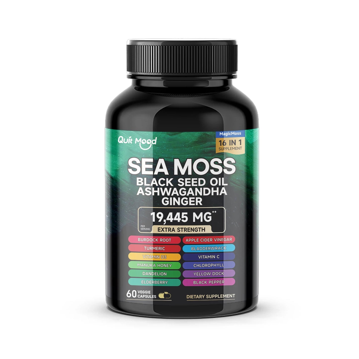 Sea Moss 3000mg Black Seed Oil 2000mg Ashwagandha 1000mg Turmeric 1000mg Bladderwrack 1000mg Burdock 1000mg & Vitamin C & D3 wit