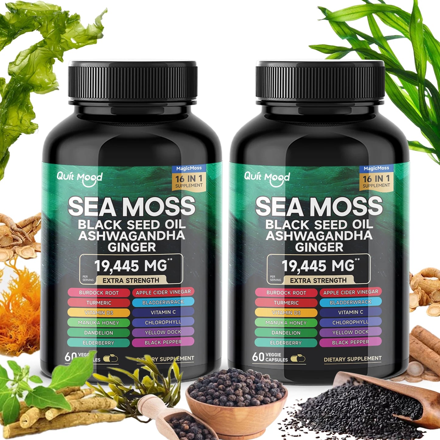 Sea Moss 3000mg Black Seed Oil 2000mg Ashwagandha 1000mg Turmeric 1000mg Bladderwrack 1000mg Burdock 1000mg & Vitamin C & D3 wit