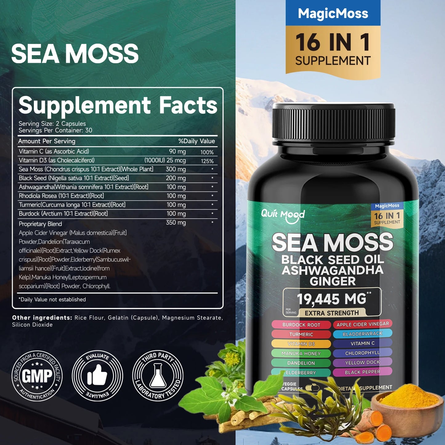 Sea Moss 3000mg Black Seed Oil 2000mg Ashwagandha 1000mg Turmeric 1000mg Bladderwrack 1000mg Burdock 1000mg & Vitamin C & D3 wit